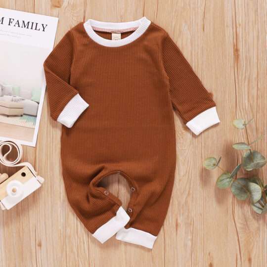 Baby Boys Girls Ribbed Long Sleeve Brown One-piece Round Neck and Button Crotch Jumpsuit