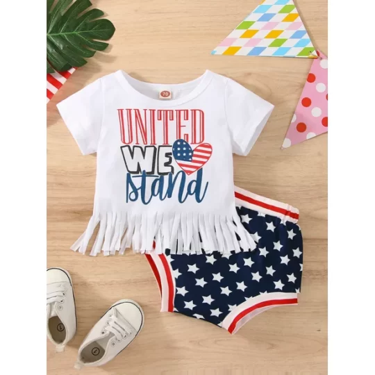 2 Piece American Pants Set, Baby Girls Letter & Heart Print Short Sleeve