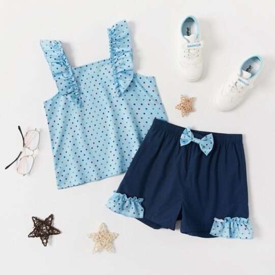 2 Piece Flutter-sleeve Polka dots Print Shorts Suits