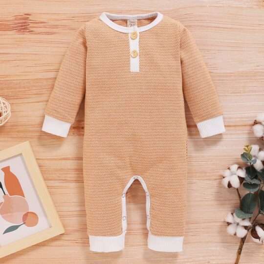 Baby Boys Girls Button Long Sleeve Brown One Piece Jumpsuit