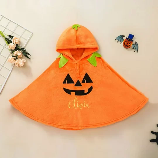 Halloween Hooded Cape Tops, Pumpkin Letter Embroidery Cloak