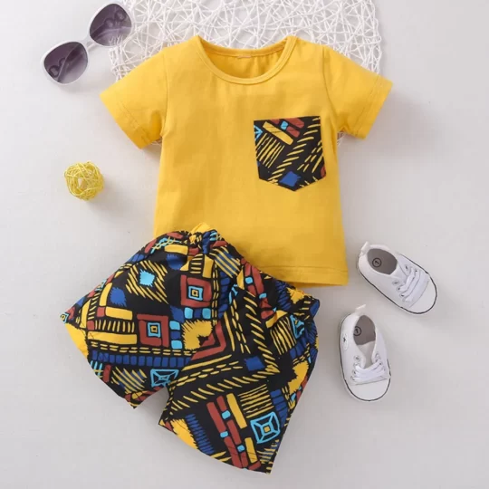 2pcs Baby Boy Cotton Short-sleeve Geometric Print T-shirt and Shorts Set