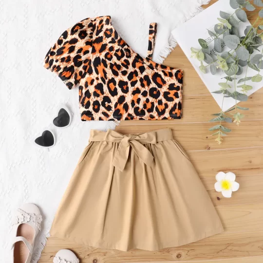 2 Piece Girl Leopard Print One Shoulder Tee and Belted Skirt Set