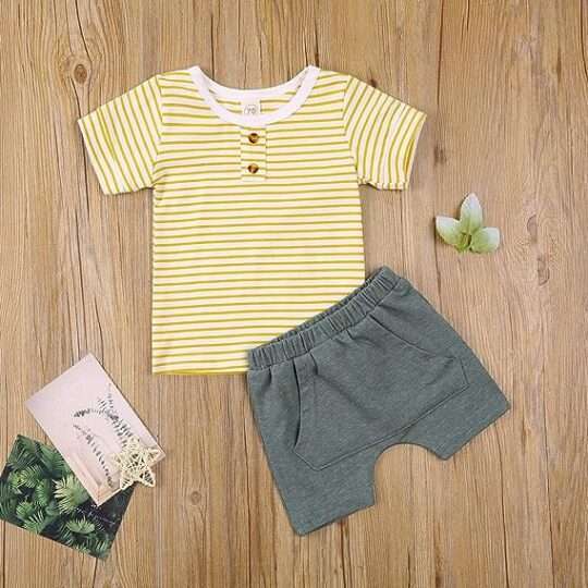 2 Piece Boys Outfits Short Sleeve Button Strip T-Shirt Solid Pocket Shorts