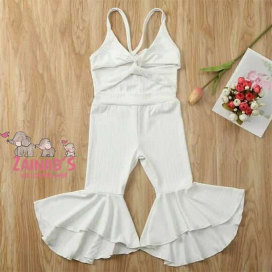 1 Piece White Bowknot Ruffles Sleeveless Flare Pants Jumpsuit