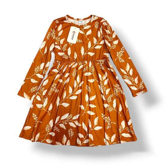 Girl Dress Full Sleeve Casual Sundress Leaf Print A-Line Dress
