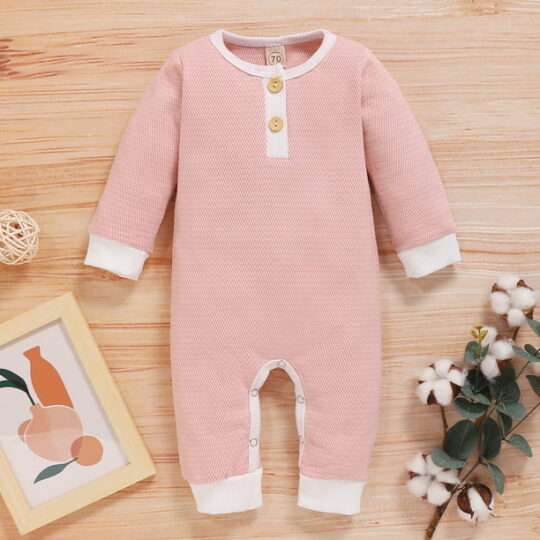 Baby Boys Girls Button Long Sleeve Pink One Piece Jumpsuit