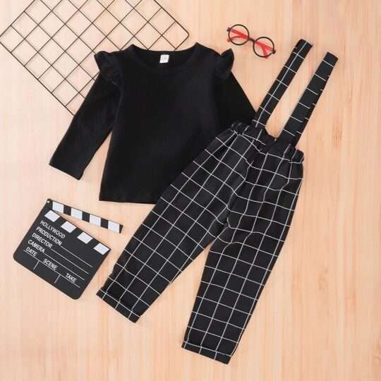 2 Piece Toddler Girl Solid Ruffled Top and Plaid Strap Pants Sets
