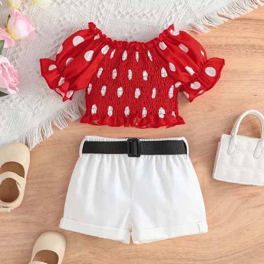 2-Piece Baby Girl Polka Dots Smocked Top & Cotton Belted Shorts Set