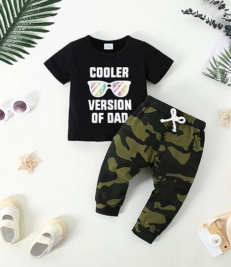 2 Piece Baby Boys "COOLER VERSION OF DAD" Rainbow Letter Printed Romper with Camo Printed Pants