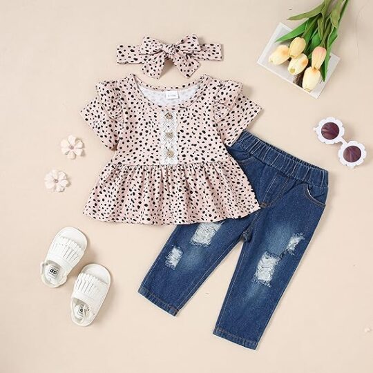 2 Piece Baby Girl Short Sleeve Pant Set Ruffle Top