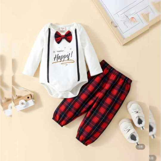 2 Piece Baby Boy Long Sleeve Rompers & Plaid Pants