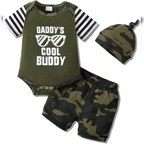 3 Piece Baby Boys "COOLER VERSION OF DAD" Letter Printed Romper with Camo Printed Shorts