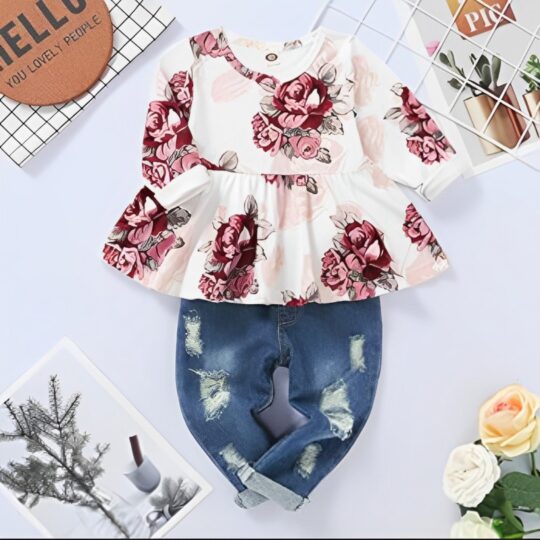 2 Piece Baby Girl Flower Ruffle Top Full Sleeve & Pant Set Flower Ruffle Top