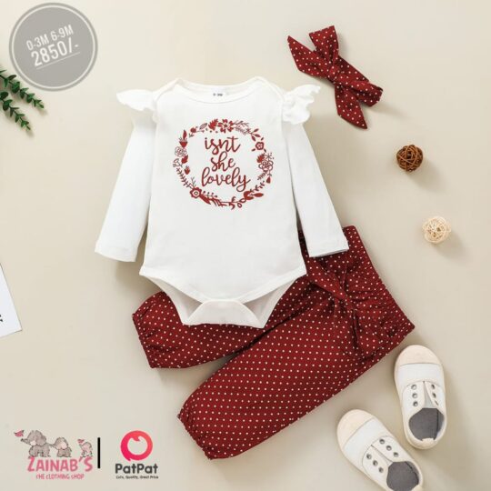 3 Piece Baby Letter Print Ruffled Bodysuit and Polka Dots Pants with Headband Set