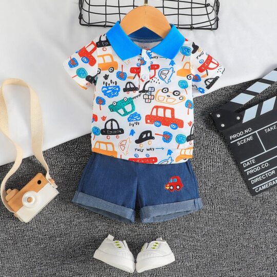 2-Piece Baby Boy Vehicle Car Print Polo Neck Shirt & Shorts Set
