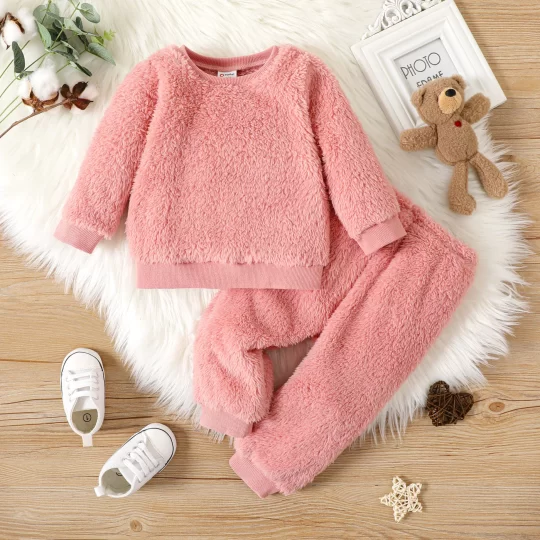 2-Piece Baby Boy/Girl Thermal Fuzzy Long-sleeve Pullover and Pants Set