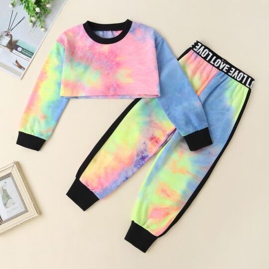 2-Piece Letter Printed Tie Dye Long Sleeve Tops & Pants