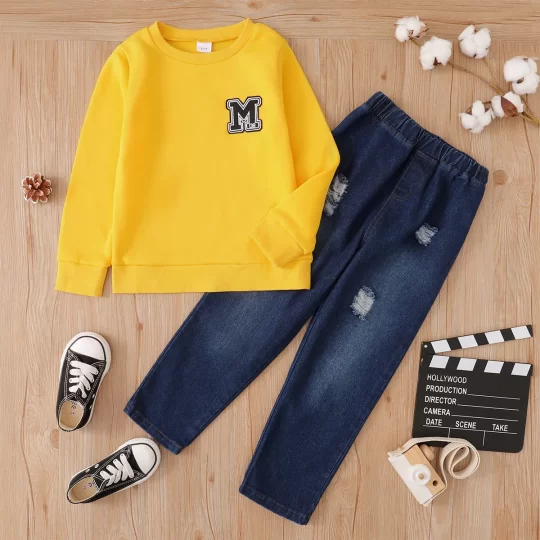 2-Piece Kid Boy Letter Embroidered Sweatshirt and Ripped Denim Jeans Set