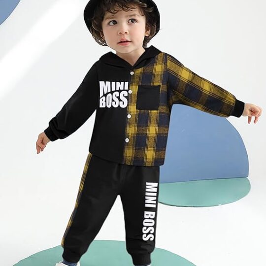2-Piece Plaid Hoodie Tops Long Sleeve Sweatshirt + MINI BOSS Pants Little
