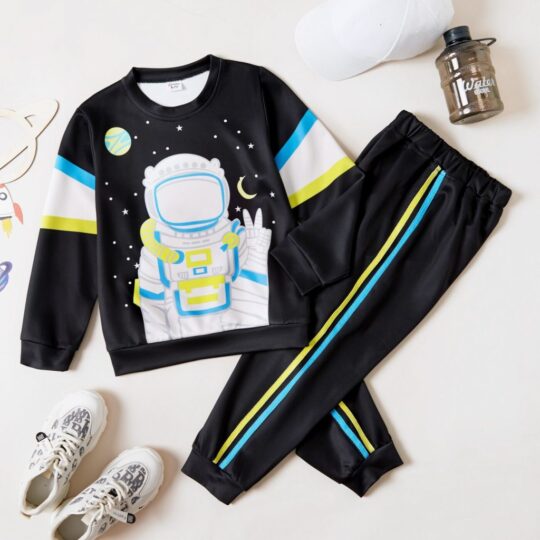 2-Piece Boy Astronaut Star Moon Print Long-sleeve Top and Striped Pants