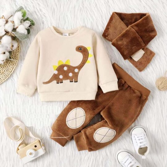 3-Piece Baby Boy Dinosaur Embroidery Teddy Sweatshirt & Pants
