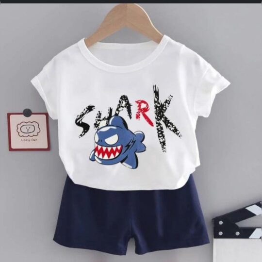 2-Piece Playful Shark Graphic T-Shirt & Navy Shorts Set
