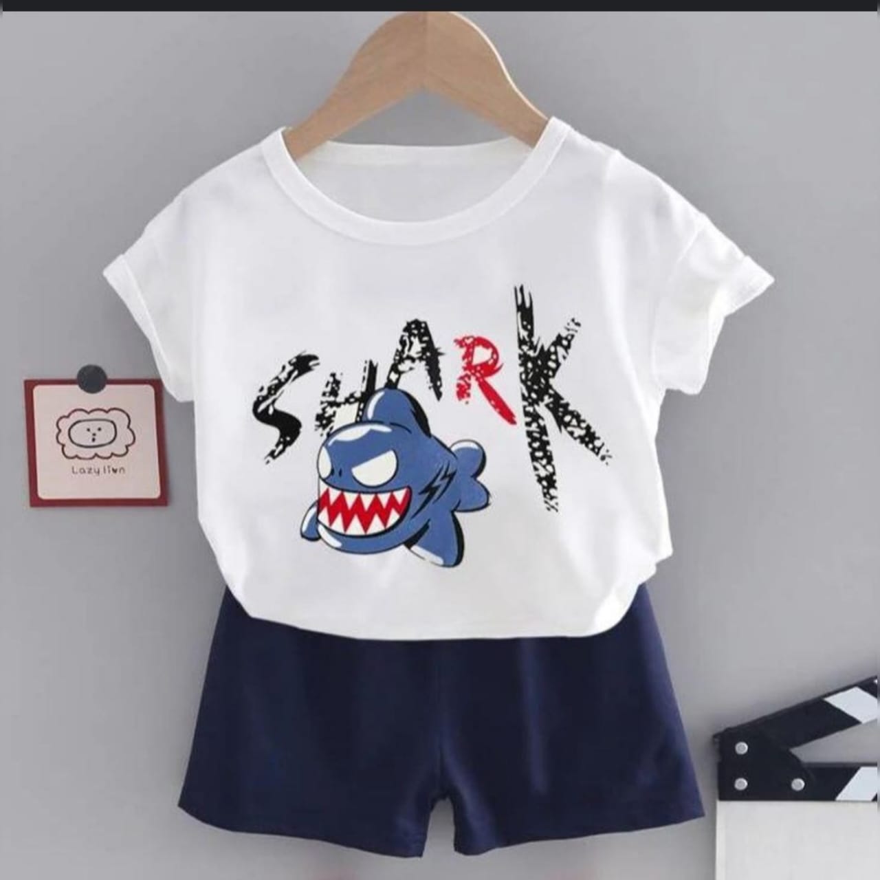 2-Piece Playful Shark Graphic T-Shirt & Navy Shorts Set