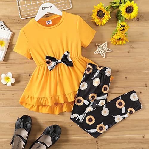 PatPat 2-Piece Kid Girl Bowknot Design Ruffled Long Bell sleeves High Low Top and Floral Print Leggings Set