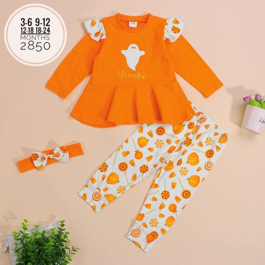 PatPat 3-Piece Baby Girls Halloween Clothes Sets Ruffled Long Sleeves Ghost Print Blouse+Pumpkin Trousers Outfit