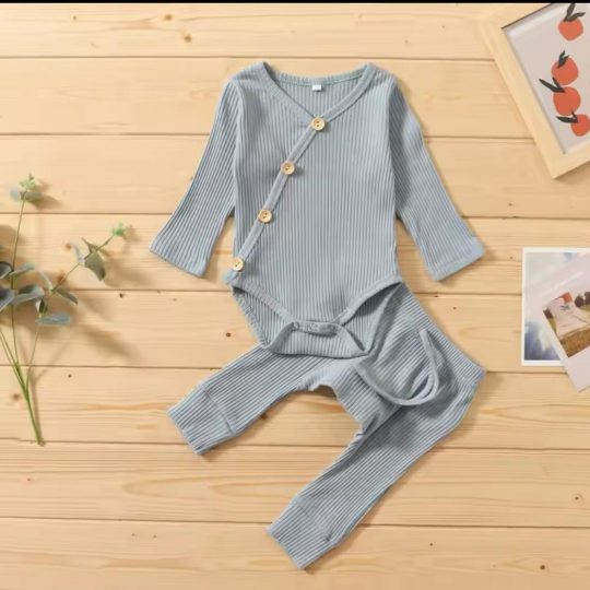 2-Piece Soft Ribbed Baby Kimono Bodysuit & Pants Set - Sage Green