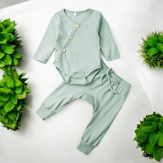 2-Piece Soft Ribbed Baby Kimono Bodysuit & Pants Set – Mint Green