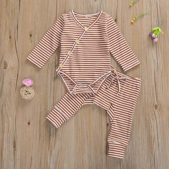 2-Piece Infant Boys Girls Long Sleeve Striped Romper Bodysuit+Pants Outfits Set