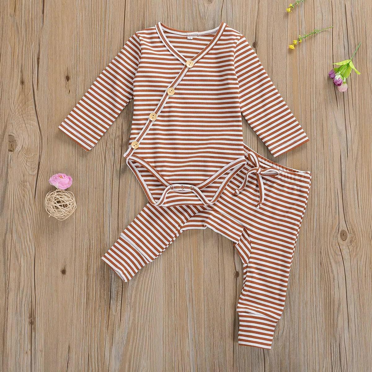 2-Piece Infant Boys Girls Long Sleeve Striped Romper Bodysuit+Pants Outfits Set