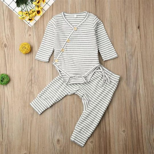 2-Piece Infant Boys Girls Long Sleeve Striped Romper Bodysuit+Pants Outfits Set