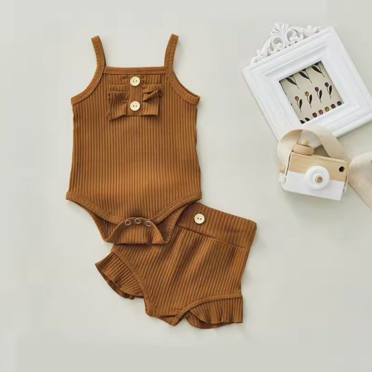 2-Piece Newborn Infant Baby Girl Sleeveless Solid Romper Bodysuit+Ruffles Shorts Outfits