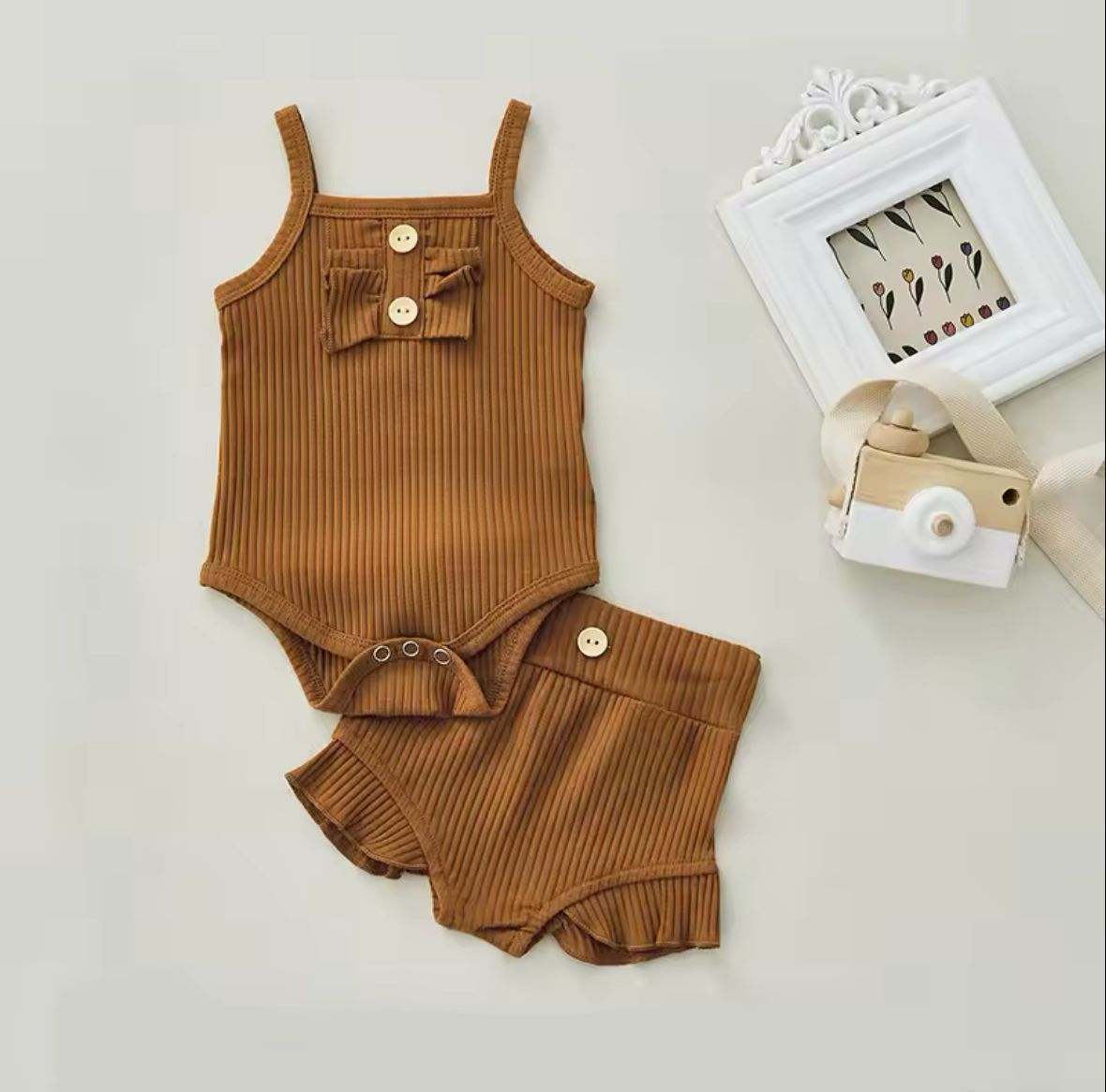 2-Piece Newborn Infant Baby Girl Sleeveless Solid Romper Bodysuit+Ruffles Shorts Outfits