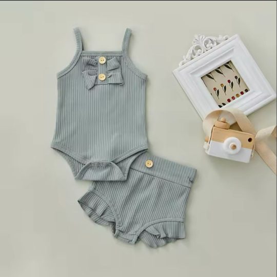 2-Piece Newborn Infant Baby Girl Sleeveless Solid Romper Bodysuit+Ruffles Shorts Outfits