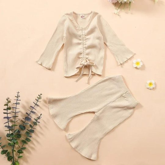 2-Piece Ribbed Knit Bell-Sleeve Top & Flared Pants Baby Set