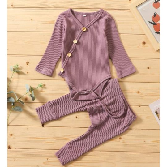 2-Piece Infant Boys Girls Long Sleeve Romper Bodysuit+Pants Outfits Set - Lilac