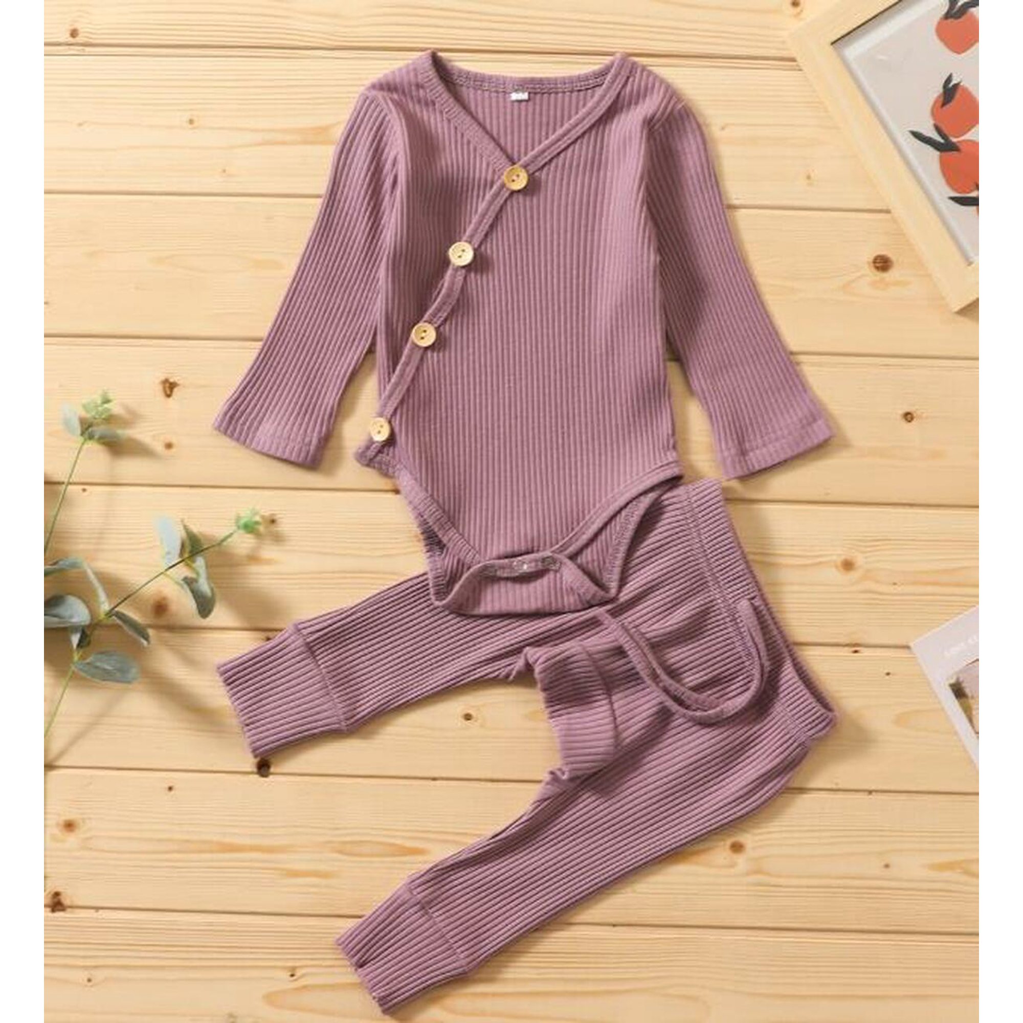 2-Piece Infant Boys Girls Long Sleeve Romper Bodysuit+Pants Outfits Set - Lilac