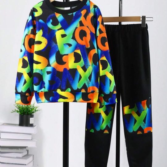 2-Piece Vibrant Graffiti Alphabet Sweatshirt and Jogger Set
