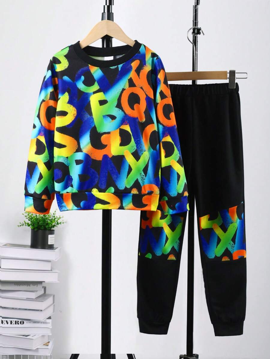 2-Piece Vibrant Graffiti Alphabet Sweatshirt and Jogger Set