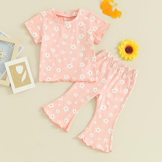 2-Piece Baby Girl Peachy Floral Flared Pants Set