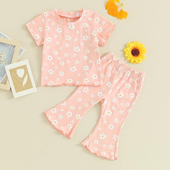 2-Piece Baby Girl Peachy Floral Flared Pants Set