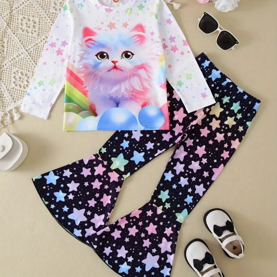 2 Piece Rainbow Kitten Starry Night Outfit