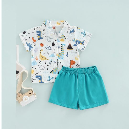 2 Piece Dinosaur Print Shirt and Teal Shorts Set