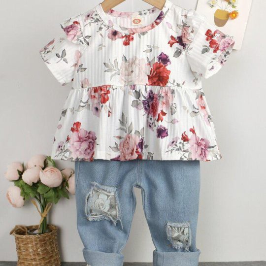2- Piece Floral Ruffle Sleeve Top and Distressed Denim Pants Set