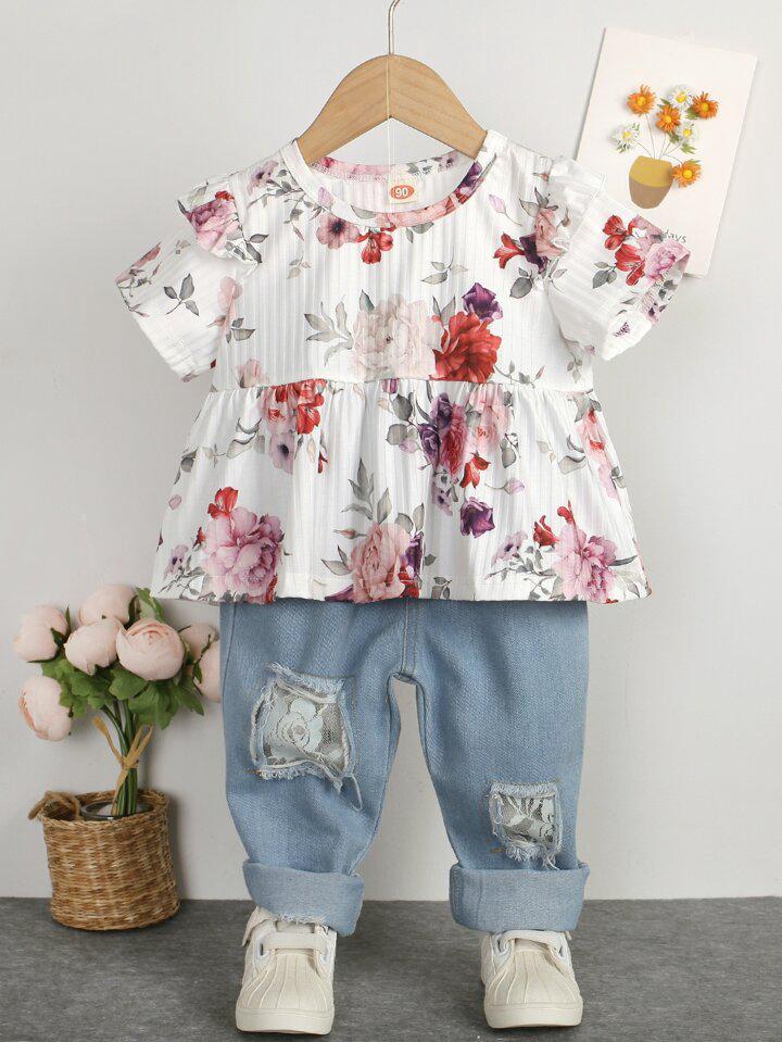 2- Piece Floral Ruffle Sleeve Top and Distressed Denim Pants Set
