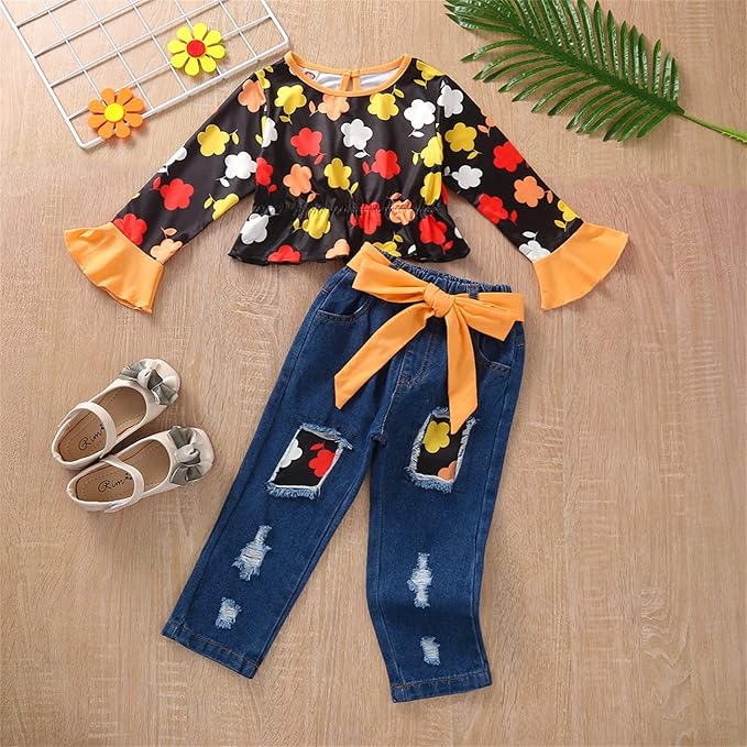 2 Piece Floral Bell Sleeve Top and Distressed Denim Pants Set